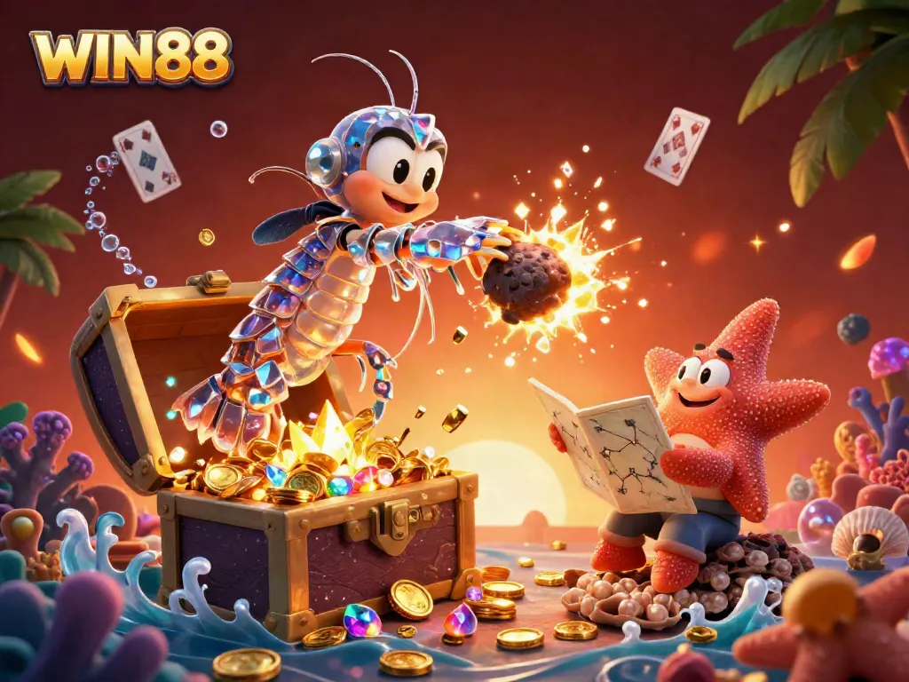 Experience the excitement of WIN88 casino with vibrant characters and dynamic game elements in this 3D illustration.
