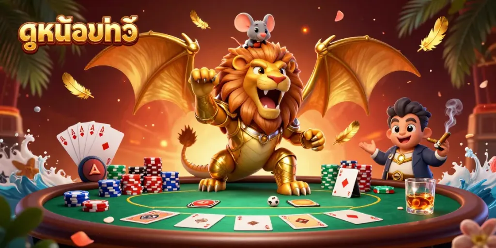 Experience ดูหนังออนไลน์ action with a golden chimera and mouse jockey at a dynamic poker table.