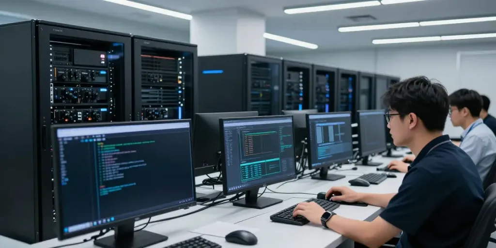 Engineers working in a high-tech AI data center with GPU setups and data analytics.