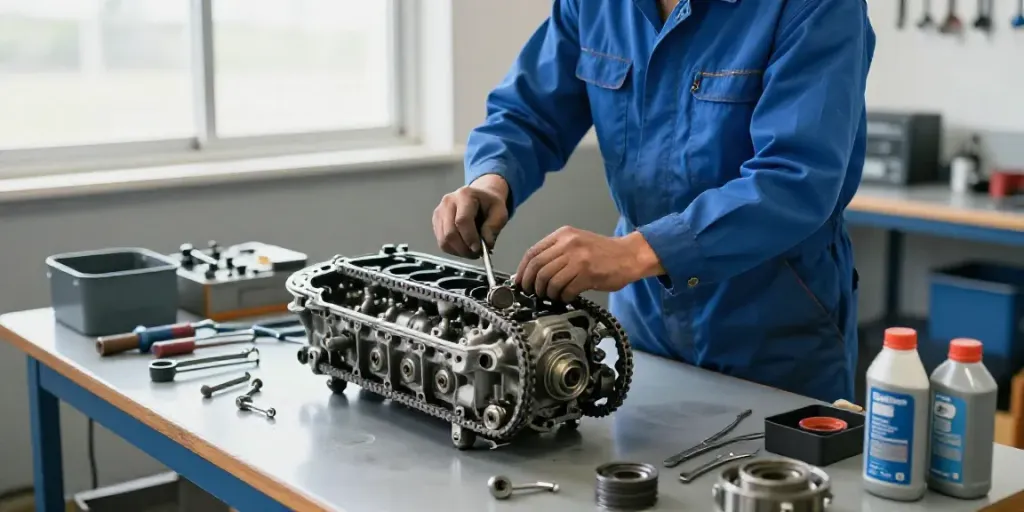 Expert mechanic replacing the timing chain in a BMW at a professional shop in Hannover.