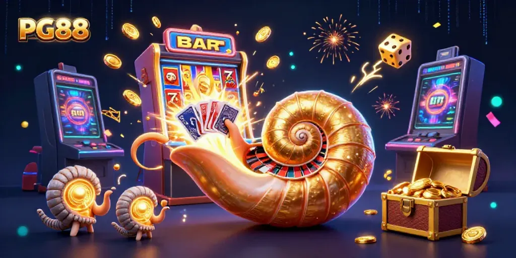 Experience the thrill of PG88 with a colorful illustration featuring a nautilus roulette wheel and jackpot explosion.