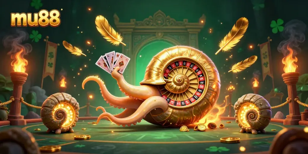 Experience the excitement of mu88 with a giant nautilus roulette wheel and glowing ammonite companions.