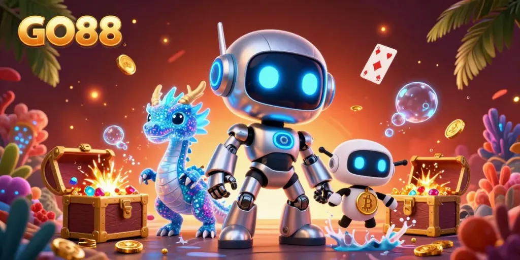 Engage with the exciting world of GO88 as a vibrant cyberpunk robot and a holographic dragon explore a treasure-filled gaming ocean.