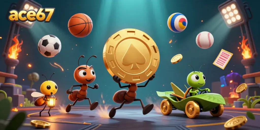 Experience thrilling gameplay with ace67, as cartoon ants steal a massive poker chip in a vibrant casino scene.