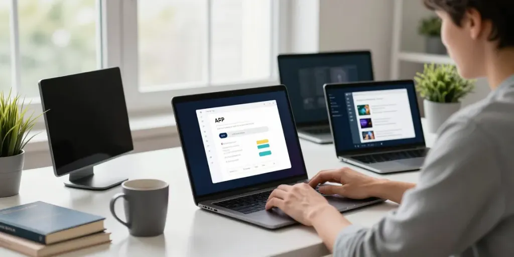 Downloading APK files on a laptop in a modern workspace filled with tech devices.