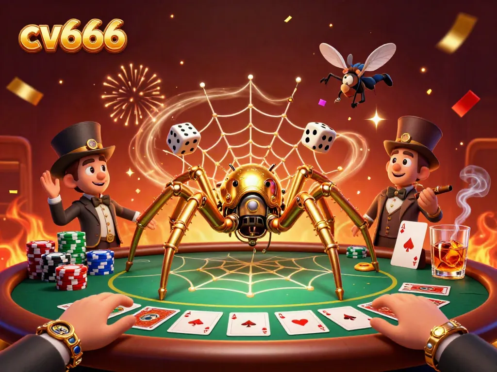 Experience thrilling gameplay with cv666 as a golden spider entangles poker elements in a dynamic casino scene.