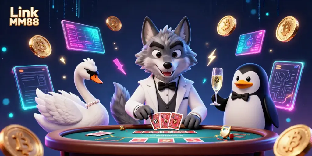 Engage with Link MM88 through a vibrant 3D illustration of casino characters at play.