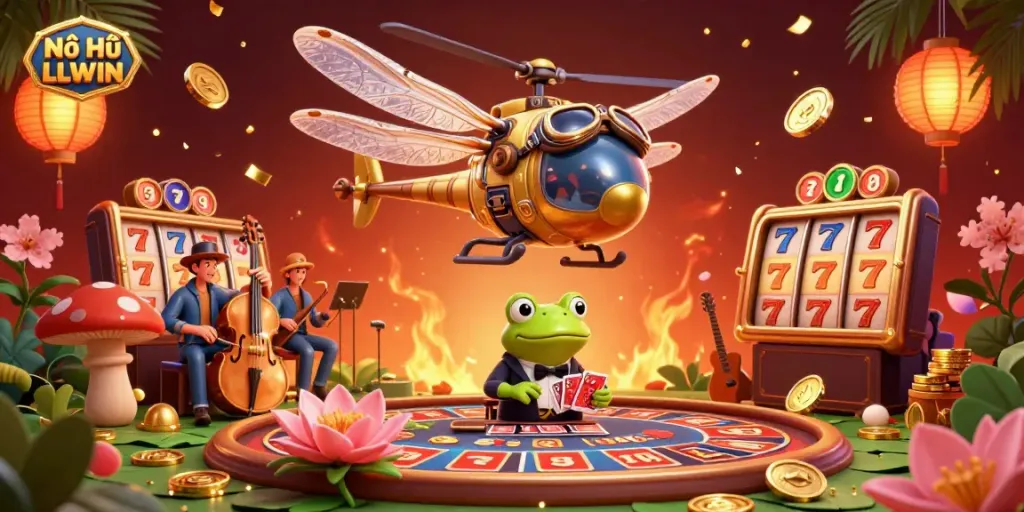 Enjoy thrilling Nổ Hũ LLWIN gameplay surrounded by a vibrant casino atmosphere with dynamic slots and festive elements.