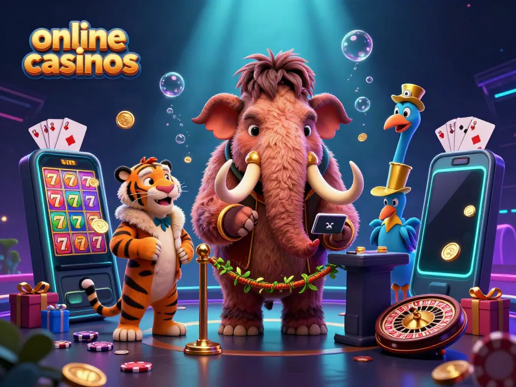Check IDs at online casinos with a vibrant scene featuring a woolly mammoth bouncer and a saber-tooth VIP.