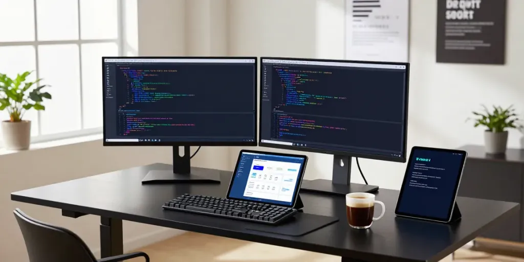 Developer using Notepad++ on dual monitors in a modern office.