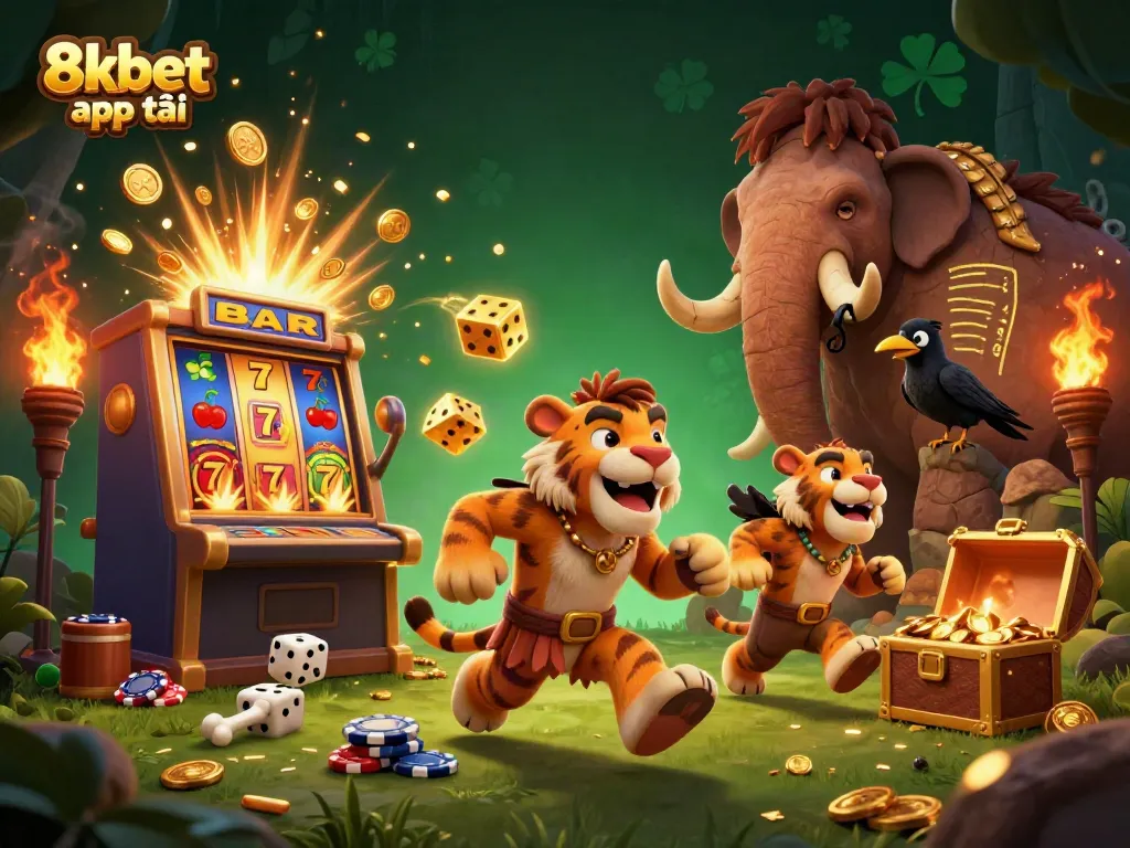Experience the thrill with 8xbet app tải amidst a dynamic casino scene featuring playful cavemen.