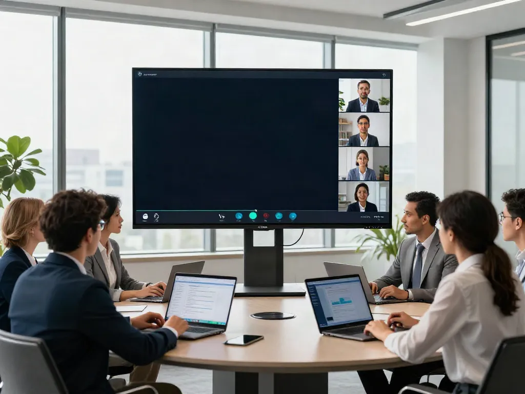 Deepfake protected Conferencing session with diverse team collaborating in high-tech corporate office.