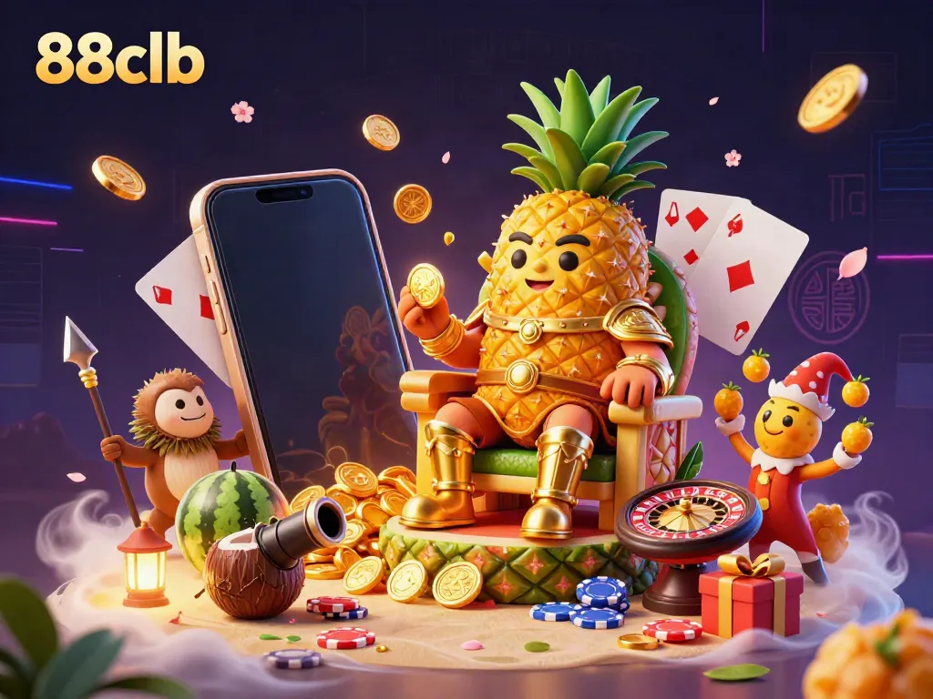 Engage with 88clb's vibrant casino world featuring a pineapple king and exciting gaming elements.