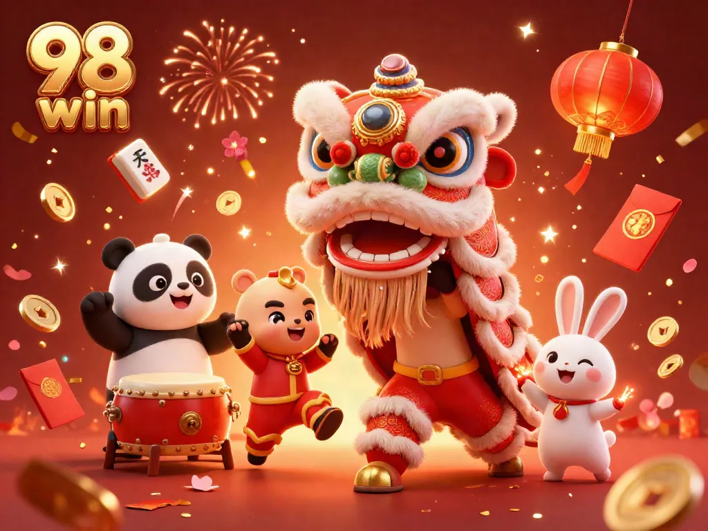 Experience the excitement of 98 win with a vibrant casino-themed lion dance celebration showcasing vibrant characters and festive elements.