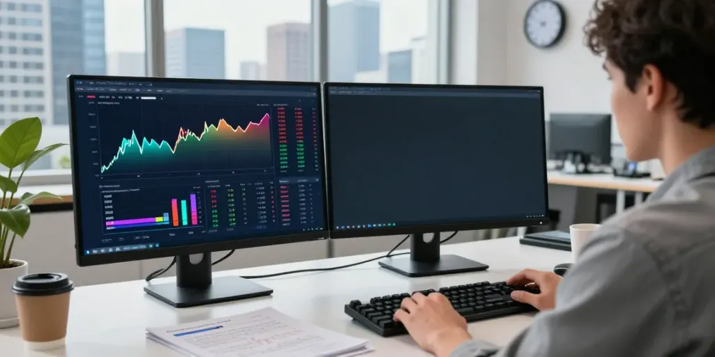 Focused trader utilizing MetaTrader 5 in a modern office with city views.