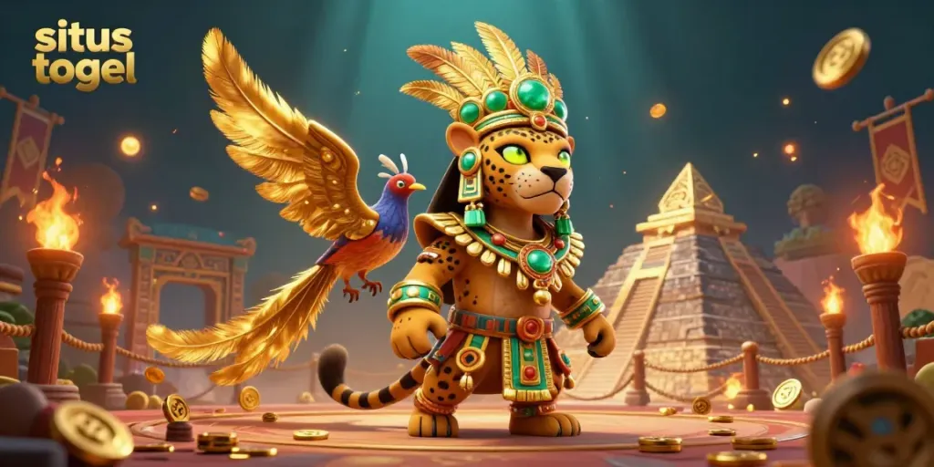 Experience the excitement of situs togel with a vibrant Mayan-themed illustration featuring a jaguar priest and golden quetzal bird.