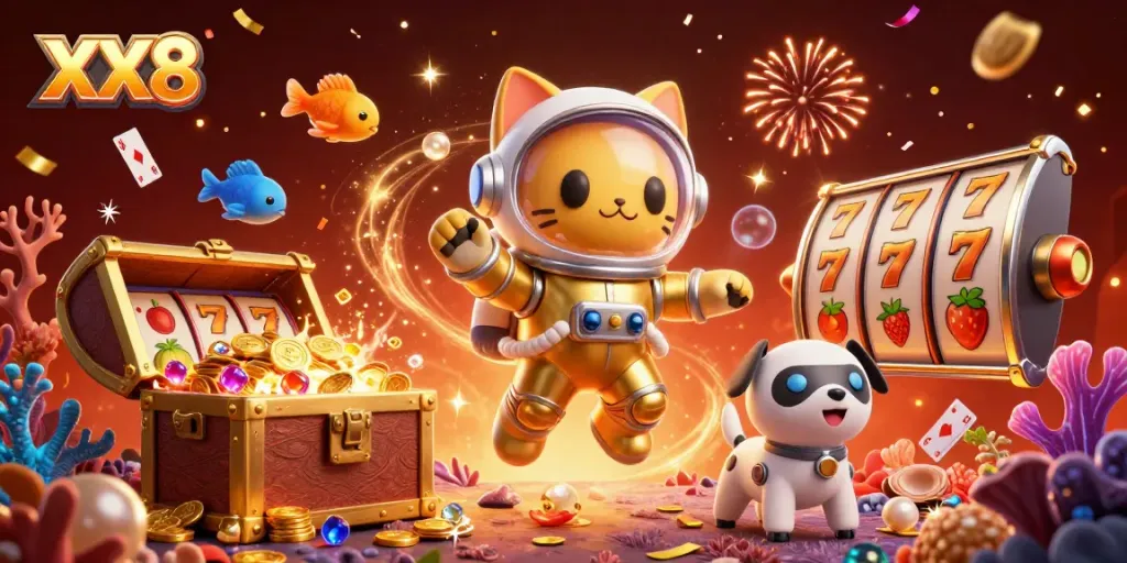 Experience the thrill of the XX8 casino with an astronaut cat and space dog amidst slot reels.