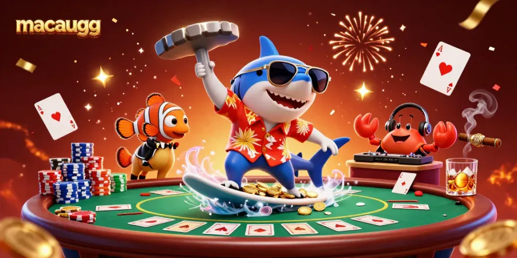 Experience macaugg excitement with a vibrant shark surfing on gold coins amidst a lively casino scene.