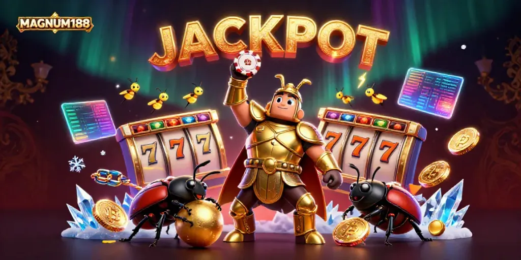 Experience the MAGNUM188 jackpot excitement with a heroic beetle winning at slots in a vibrant casino scene.