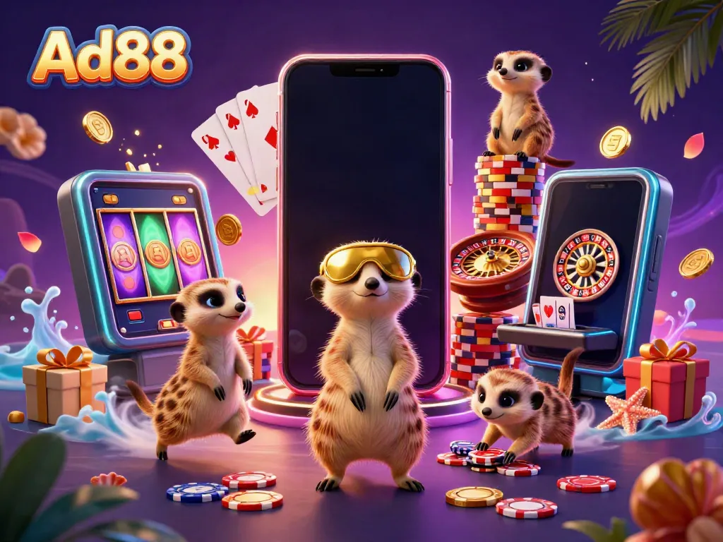 Experience exhilarating gameplay at Ad88 with a vibrant casino scene featuring meerkats and slot games.