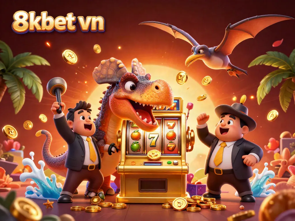 8xbet vn showcases a thrilling casino scene with a pachycephalosaurus celebrating a jackpot payout.