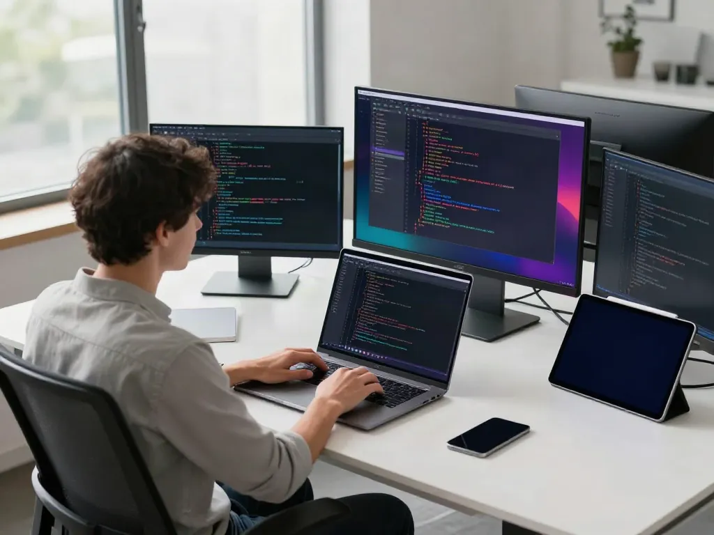 Programmer using brave浏览器 in a modern tech workspace