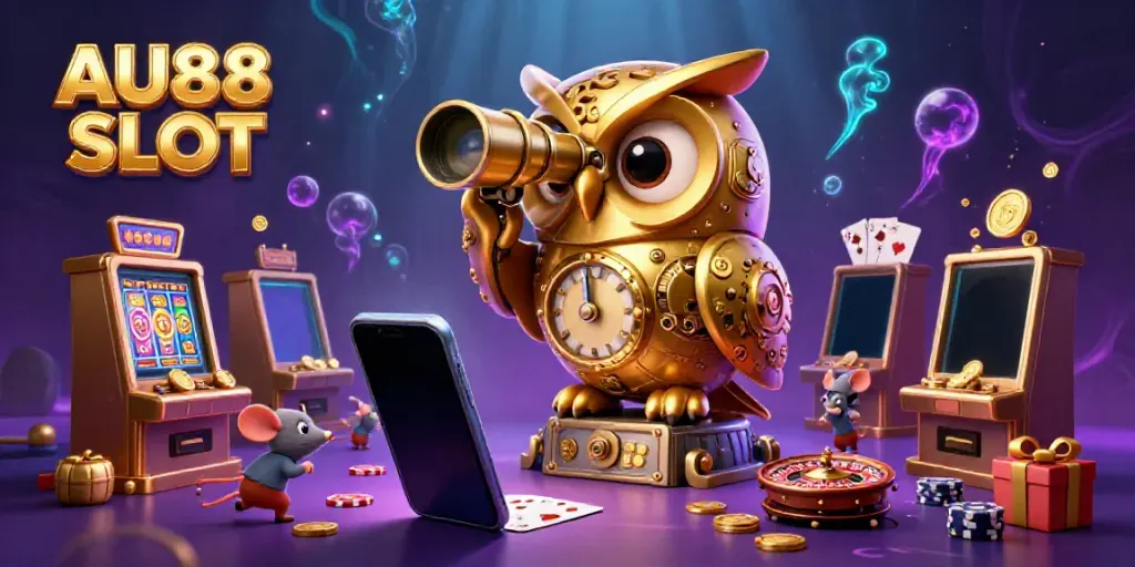 Spin the reels of AU88 SLOT with a whimsical clockwork owl overseeing a vibrant casino scene.