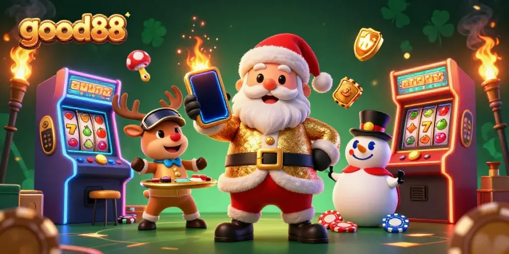 Join the fun at good88 with Santa, his reindeer, and a snowman surrounded by vibrant casino games.