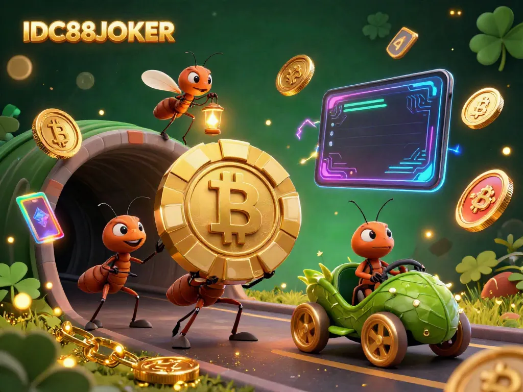 Watch a heist unfold as ants carry a massive poker chip in the thrilling IDC88JOKER casino illustration.