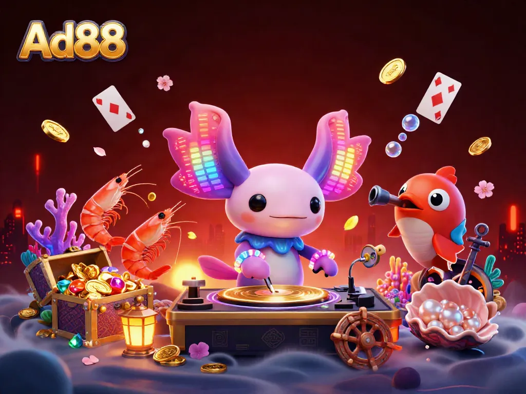 Ad88 brings excitement to underwater gaming with vibrant casino characters and golden treasure.
