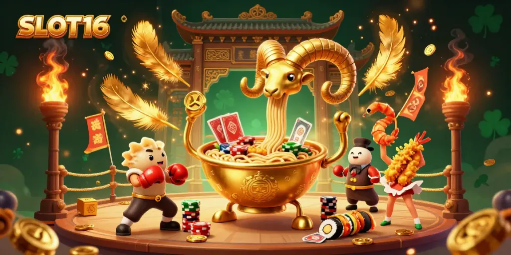 SLOT16 showcases a lively 3D illustration of a golden ramen bowl character dealing cards, surrounded by vibrant casino elements.