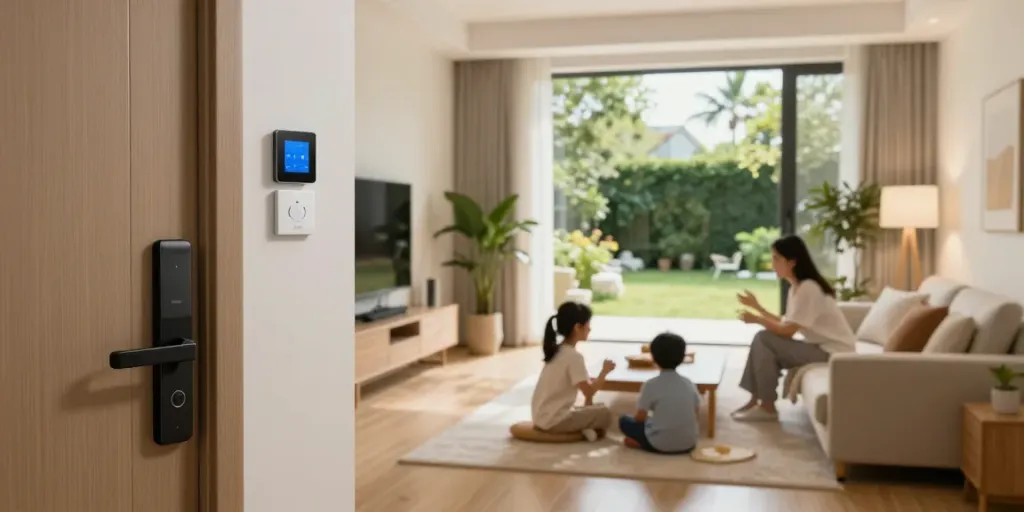 Experience a smart home with خانواده in a cozy living room, featuring advanced technology.