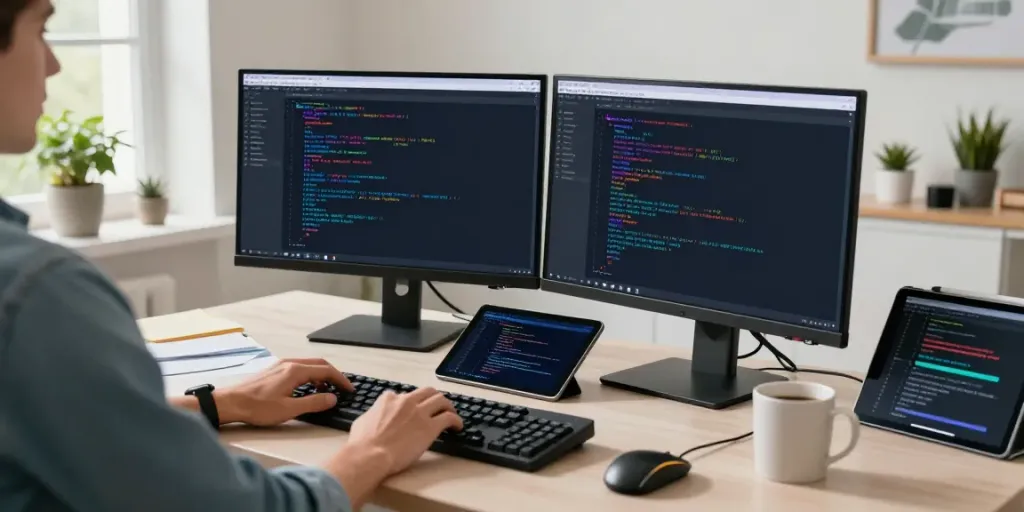 Dynamic workspace showcasing Notepad++ editor in use at https://notepad-app.co/ with vibrant coding environment.