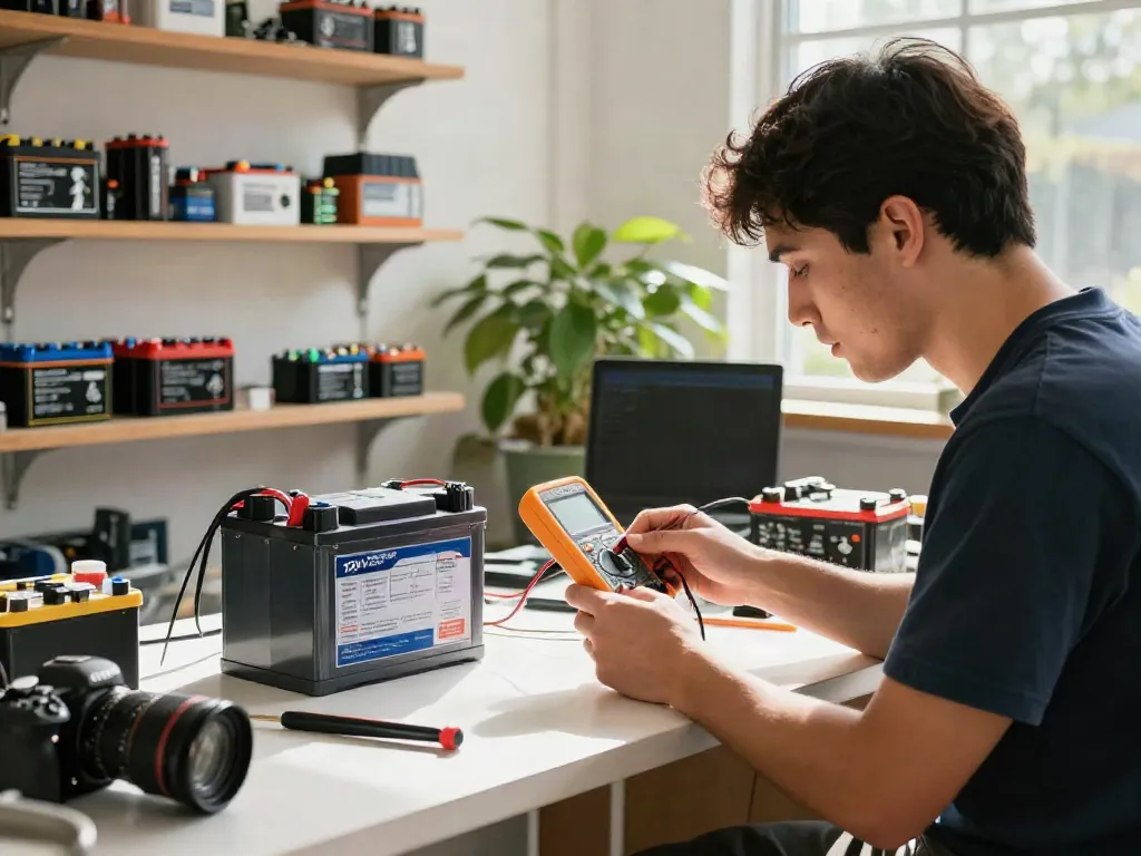 Technician inspecting 12V Lithium Batteries with tools in a bright workshop.