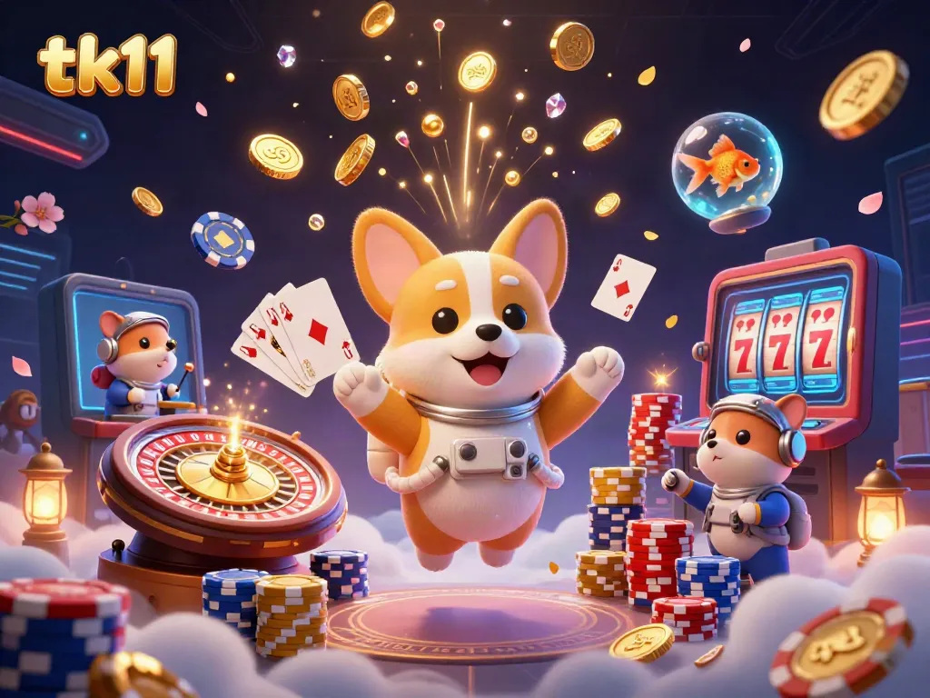 Experience the excitement of tk11 with floating characters, casino elements, and vibrant visuals.