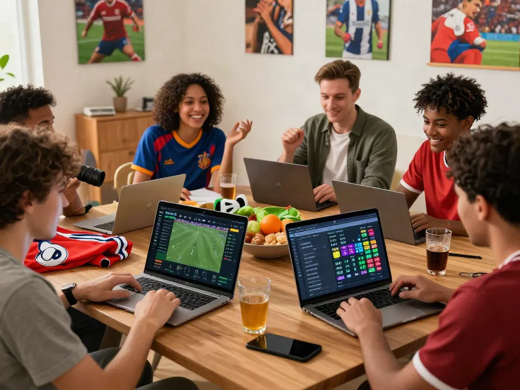 WWBOLA sports betting interface where friends analyze odds and stats together, showcasing high-energy interaction.