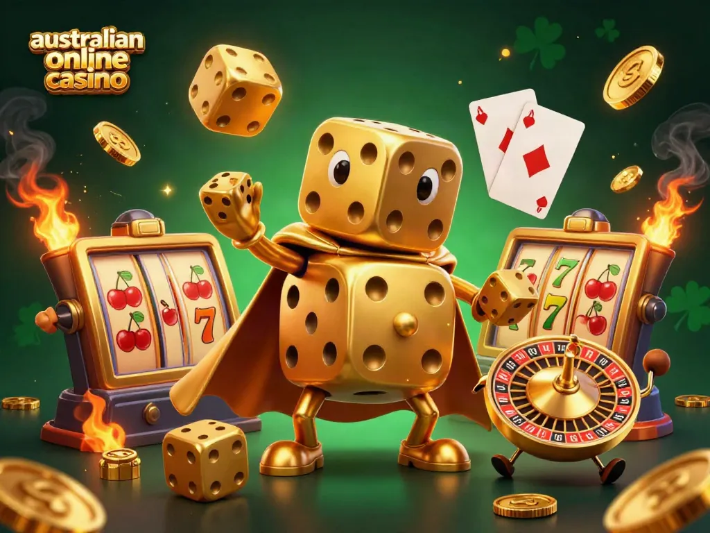 Experience the thrill of an australian online casino with a dynamic scene featuring golden dice and slot elements.