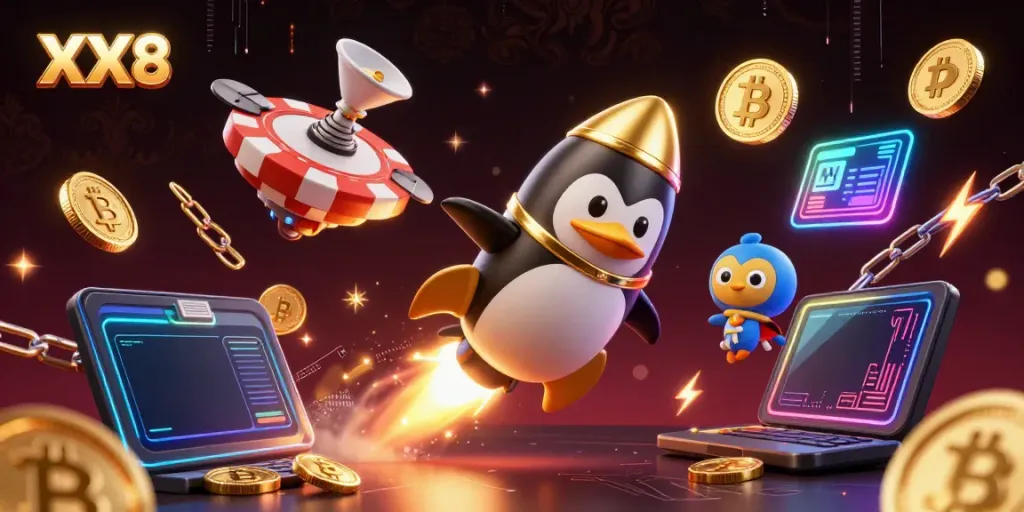 Win with XX8 while enjoying a vibrant casino-themed visual of a golden penguin and crypto elements.