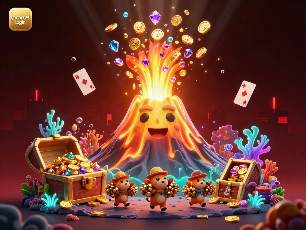 Experience gacor123 login with a vibrant 3D scene of a golden volcano erupting coins and treasure.