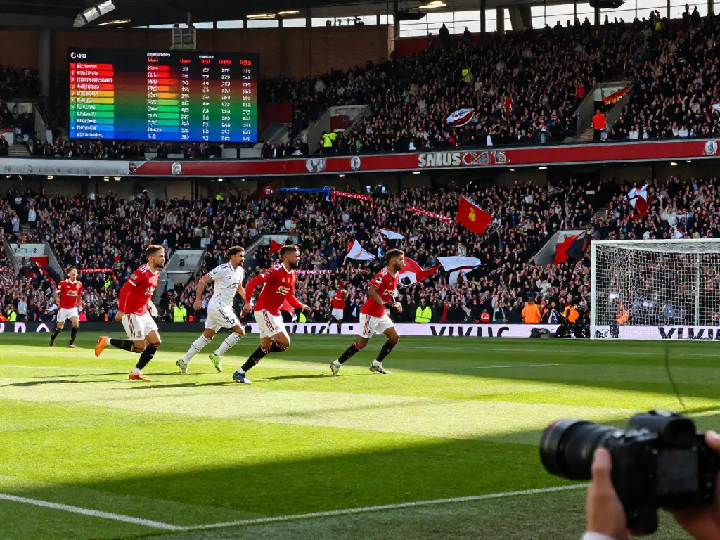 Exciting football match scene illustrating the rivalry between Manchester United and Liverpool, featuring stats on the scoreboard and vibrant fan energy.