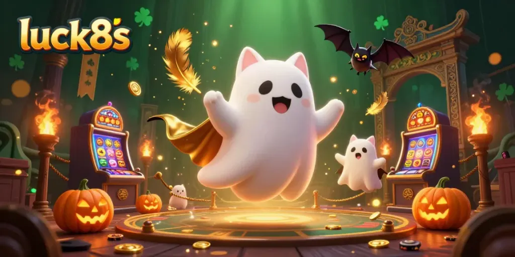 Spin and win at luck8s in a vibrant haunted casino scene with a friendly ghost cat.