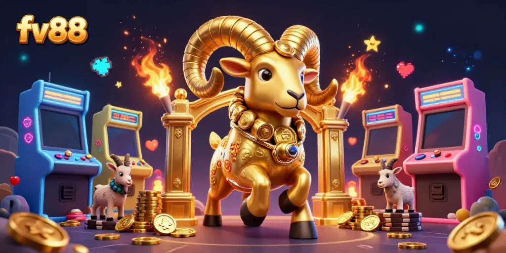 Experience thrilling betting action at fv88 with a glittering golden ram charging through a vibrant arcade casino scene.