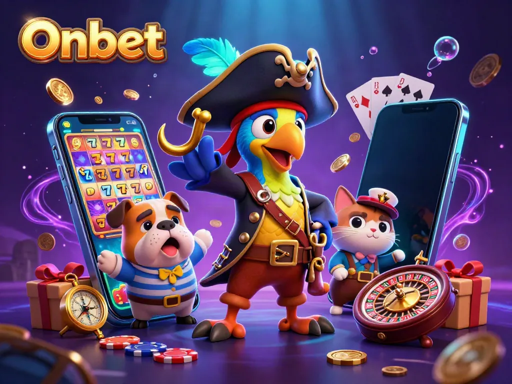 Experience thrilling gameplay at Onbet with a vibrant 3D scene showcasing slots, pirate characters, and casino elements.