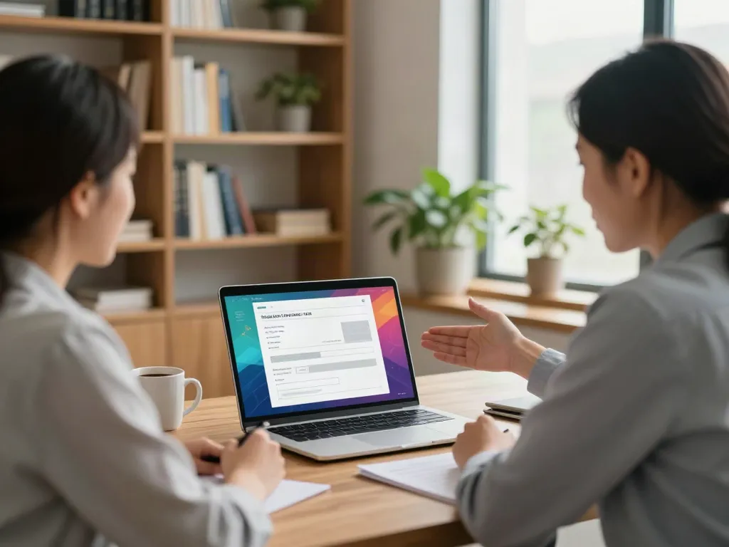 Guiding couple through payday loan application at https://alberta.paydayloans-on.ca/ in a cozy office setting.