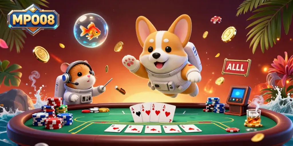MPO08 engages players with a fun casino scene featuring an astronaut corgi, hamsters, and poker elements.