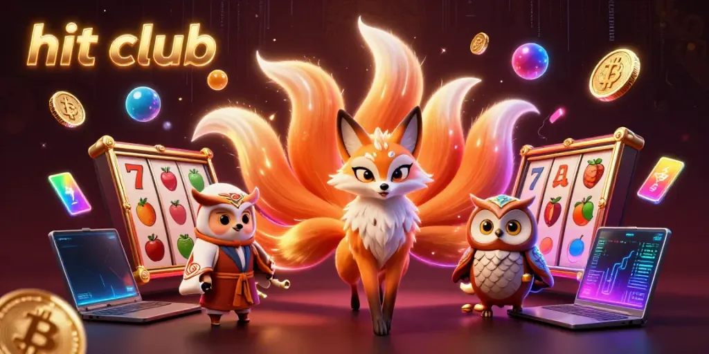 Experience vibrant gaming with "hit club" featuring colorful spirits amidst slot reels and crypto coins.