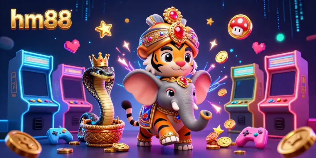 Experience the thrill of gaming at hm88 with a vibrant, colorful casino scene featuring a maharaja tiger and 3D arcade elements.