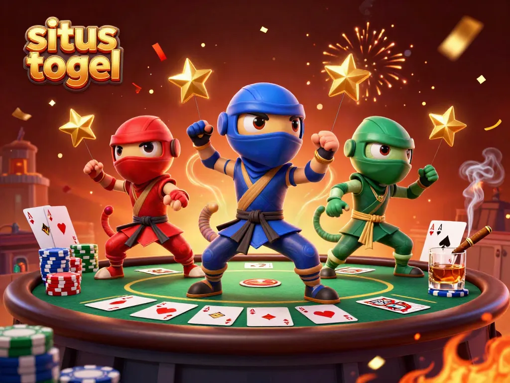 Experience exciting situs togel action with ninja chameleons performing martial arts on a vibrant casino rooftop.
