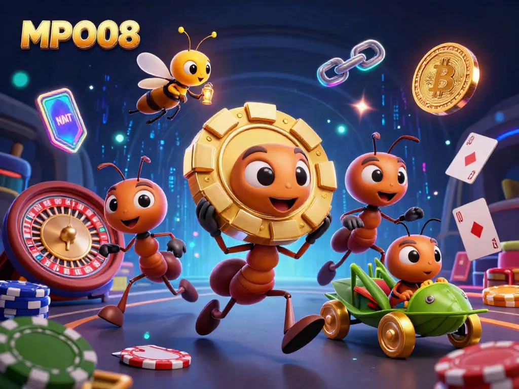 Experience the thrill of MPO08 as ants execute a casino heist with playing cards and poker chips.