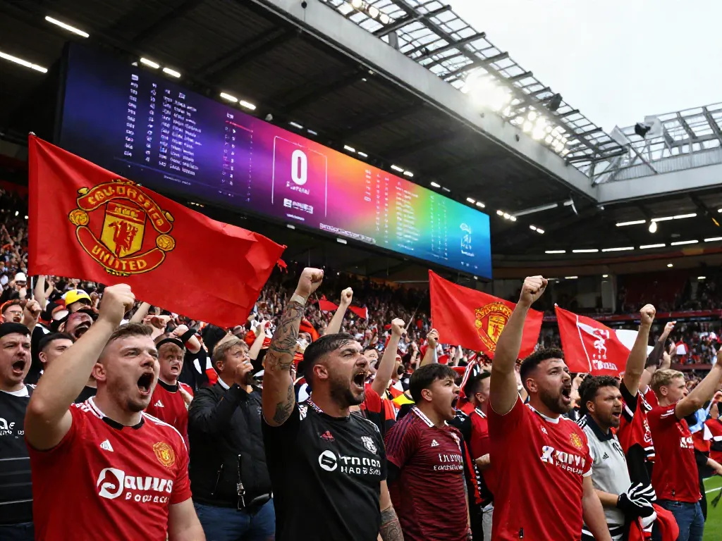 Stadium scene showing passionate fans during a Manchester United vs Liverpool match, highlighting the rivalry with excitement and energy.